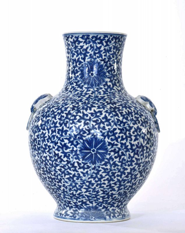 1930's Chinese Blue & White Porcelain Vase Beast Ear