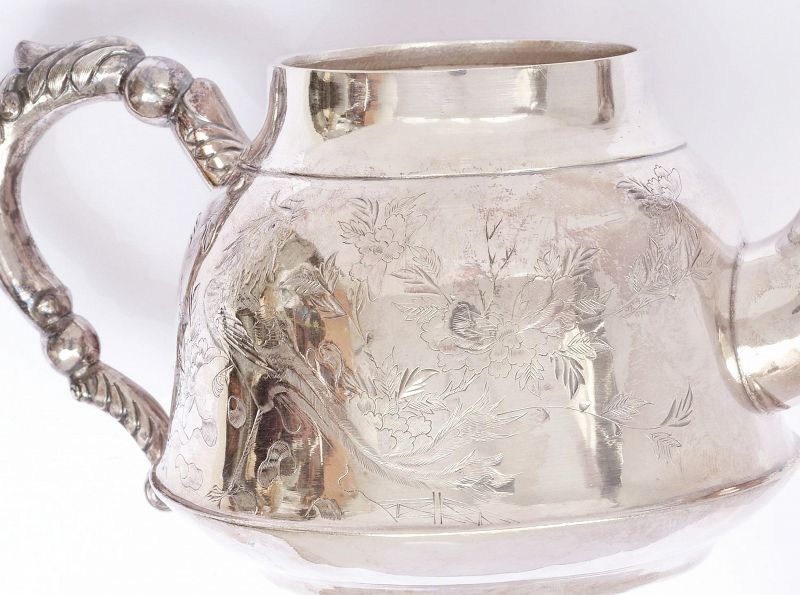 Chinese Sterling Silver Tea Set Teapot Cup &amp; Saucer Flower Phoenix Mk