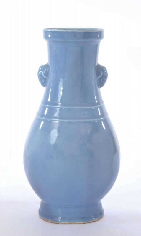 19C Chinese Clair-de-Lune Monochrome Sky Blue Glaze Elephant Ear Vase