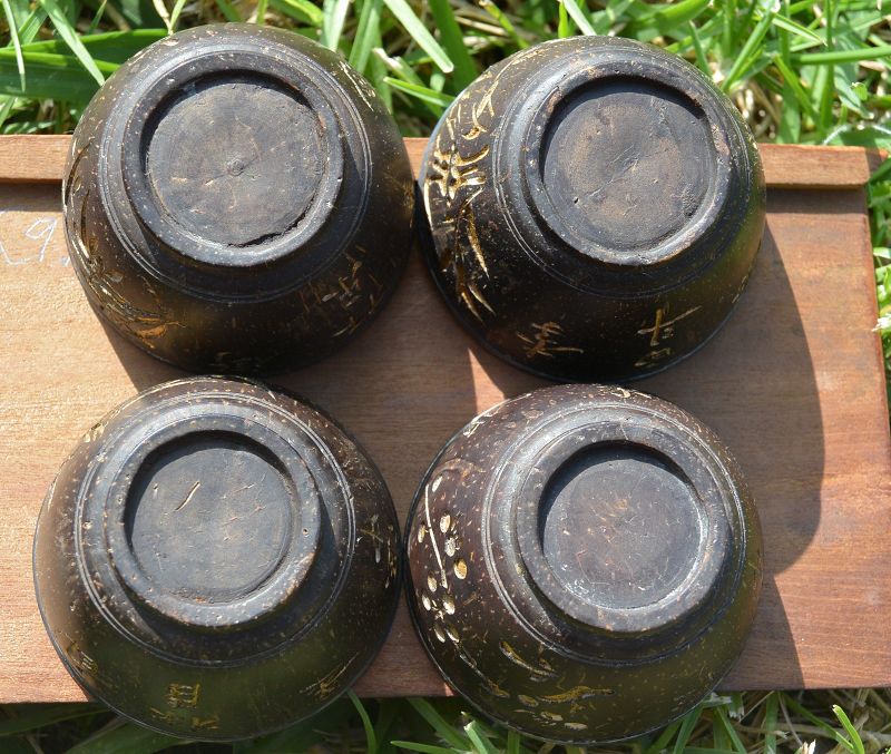 10 Chinese Coconut Tea Bowl Cup Silver Lining Original Wood Box Mk