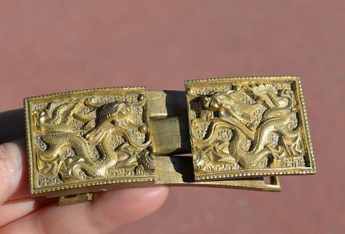 19C Chinese Gilt Bronze Dragon Belt Buckle