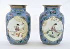 2 Chinese Famille Rose Porcelain Vase Lady Figure Figurine Marked