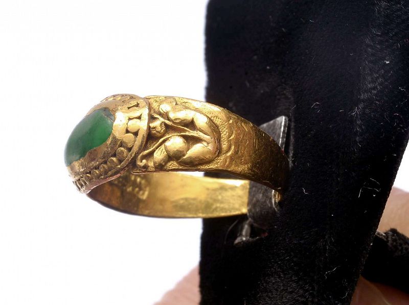 1930's Chinese Jadeite Jade Carved 22K Yellow Gold Ring 足金