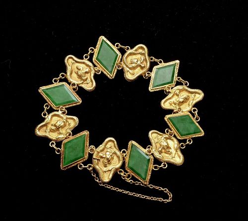 Chinese 14K Gold Jadeite Jade Carved Plaque Bracelet Bangle Dragon