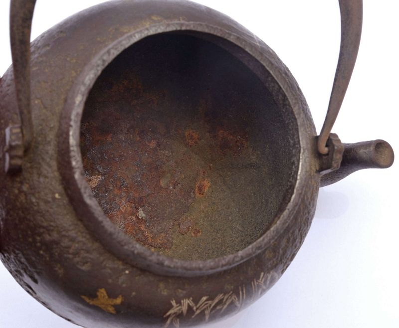 1900's Japanese Cast Iron Gold &amp; Silver Inlay Teapot Tetsubin