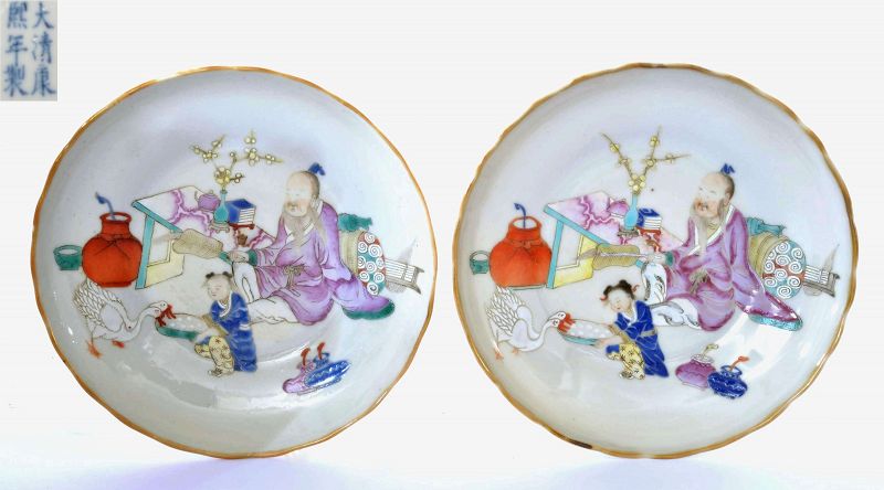 Pair of 1850's Chinese Famille Rose Dish Plate Scholar Kid Goose Mk