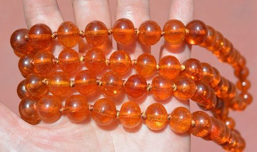 Old 113 Chinese Natural Honey Amber Carved Carving Court Bead Necklace