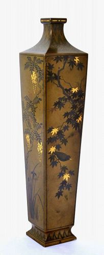 Old Japanese Bronze Mixed Metal Inlaid Bird Vase Marked Nogawa