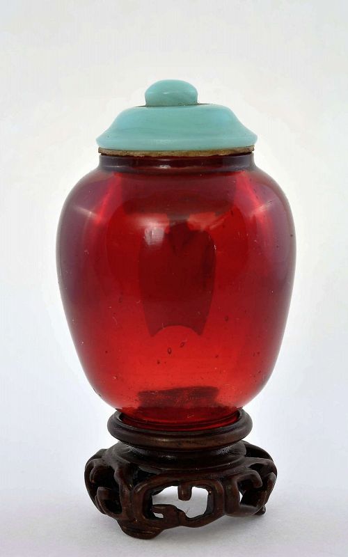 19C Chinese Ruby Red Peking Glass Snuff Bottle Wood Stand