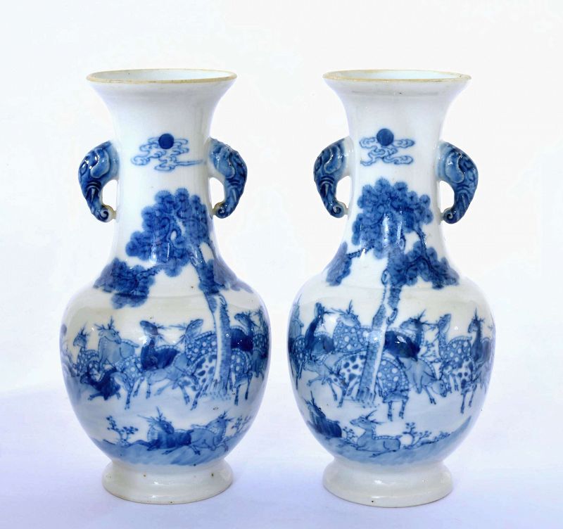 2 Chinese Blue & White Porcelain Vase Elephant Ears Deer Marked