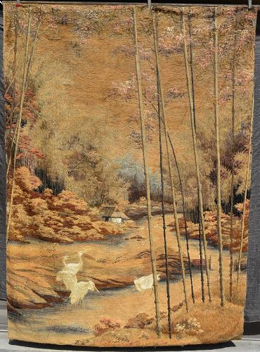 1900's Japanese Silk Embroidery Wall Hanging Panel Crane Bird Bamboo