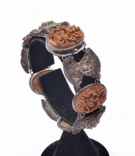 1930's Chinese Silver Filigree Hediao Nut Pit Carved Bead Bracelet