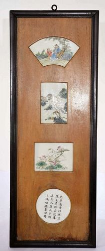 Old Chinese Famille Rose Porcelain Figure Calligraphy Plaque Panel