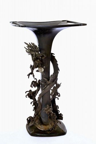 1900's Japanese Bronze Relief Dragon Vase Crystal Ball 3283 Gram