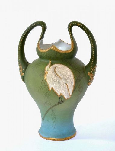 Old Japanese Nippon Coralene Bead Handles Vase Egret Marked