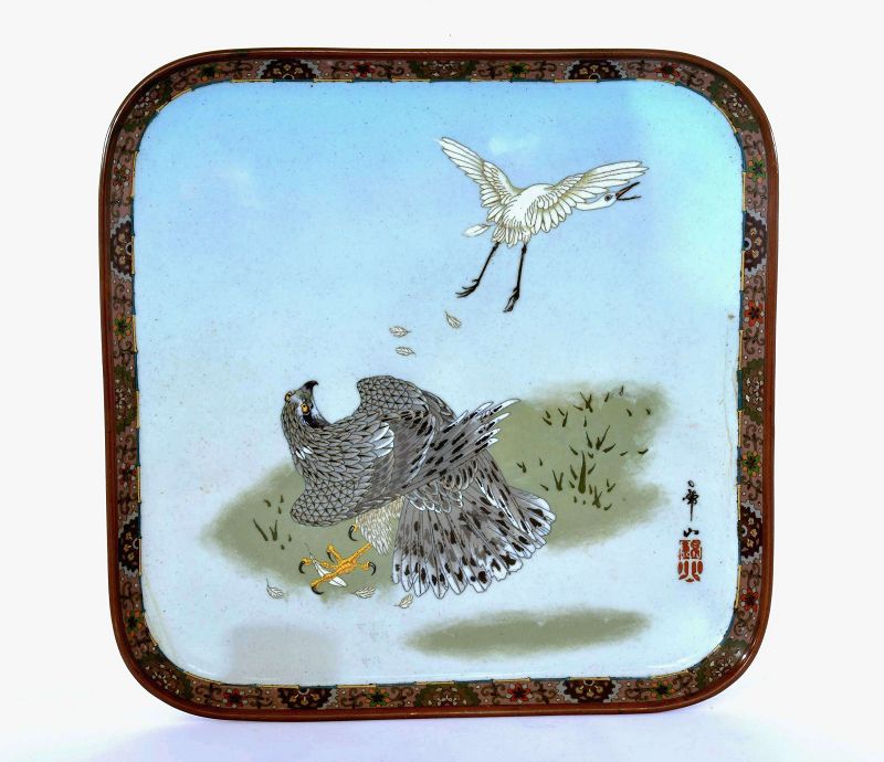 1900's Japanese Cloisonne Enamel Square Tray Namikawa Sosuke Eagle