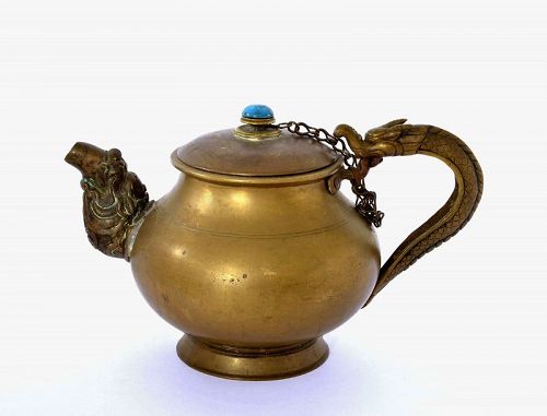19C Tibetan Bronze Teapot Turquoise Carved Bead Finial Dragon Handle