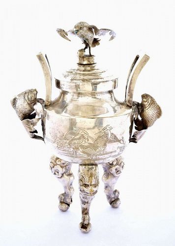 1900's Chinese Silver Chirography Tripod Censer Eagle Finial