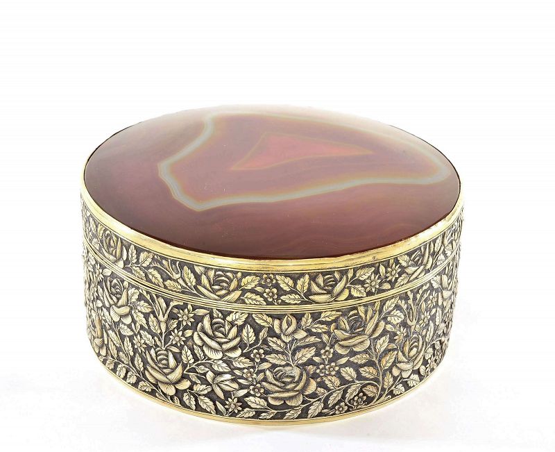 1900's Chinese Export Straits Gilt Sterling Silver Agate Carnelian Box