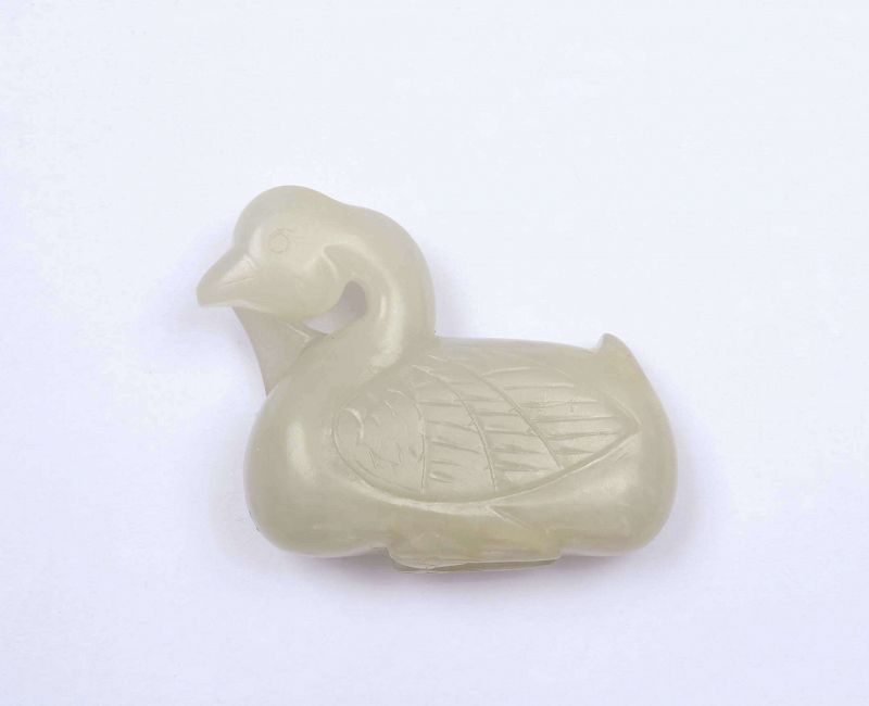 19C Chinese White Jade Carved Carving Duck Pendant Toggle