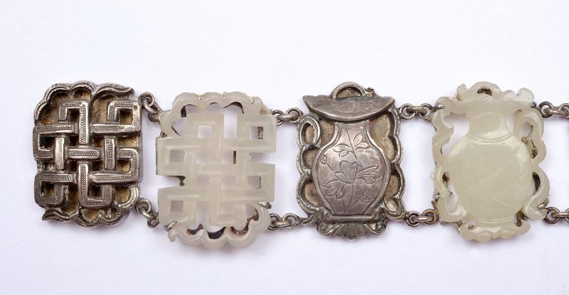 19C Chinese Solid Silver White Jade Carved Bracelet Flower Marked