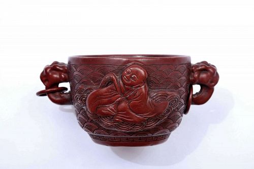 19C Chinese Cinnabar Lacquer Carved Cup Bowl Buddha