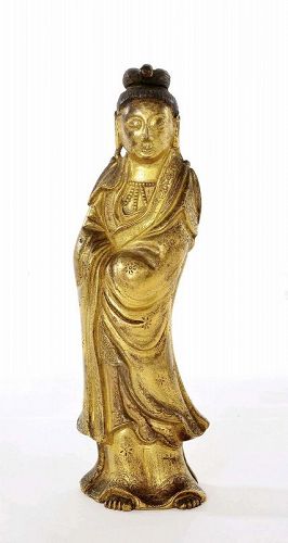 18C Chinese Heavy Gilt Standing Kwan Yin Buddha Figure