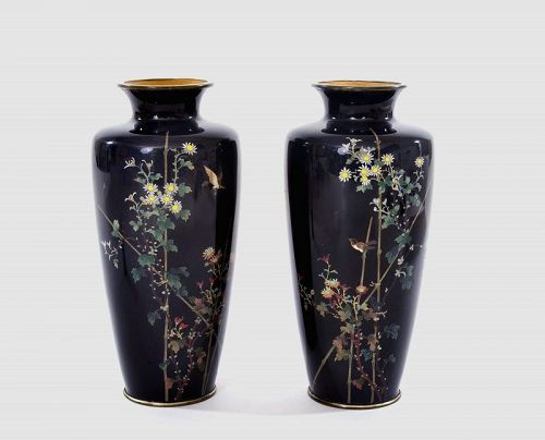 Pair 1920's Japanese Gold Wire Cloisonne Enamel Vase Bird