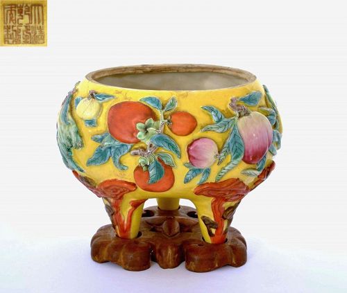 1930's Chinese Famille Jaune Yellow Relief Porcelain Bowl Stand Mk