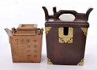 19C Chinese Yixing Zisha Pewter Teapot Calligraphy Wood Box 跂陶氏刻