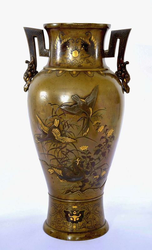 Meiji Large Japanese Mixed Metal Bronze Vase Relef Bird