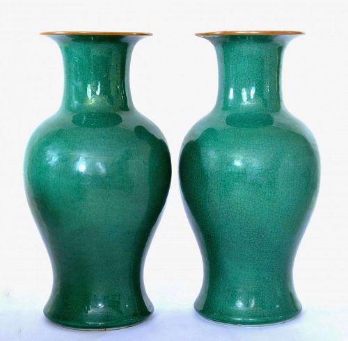 Pair 1950's Chinese Large Green Crackle Glaze Porcelain Vase