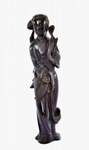 Chinese Dark Cherry Amber Bakelite Faturan Carved Lady Figure