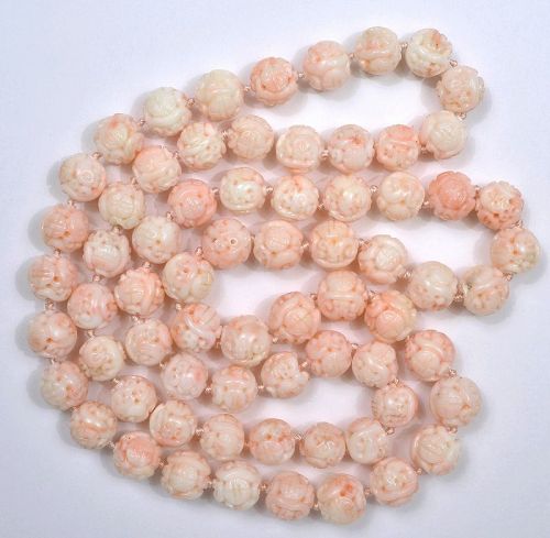 Chinese Natural Pink Angel Skin Coral Carved 13mm Bead Necklace