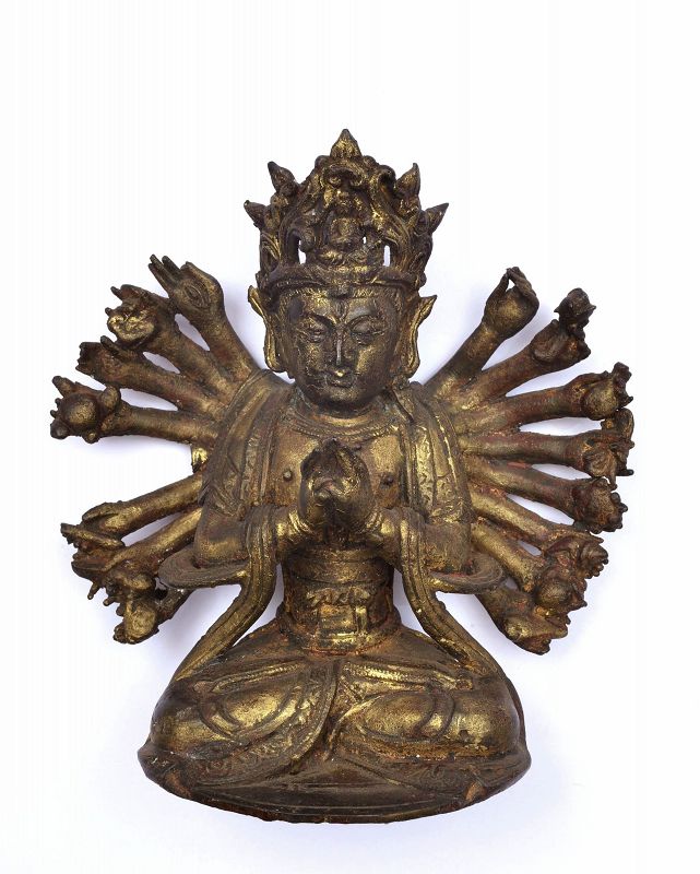 16C Chinese Gilt Lacquer Bronze Kwan Guan Yin Buddha Multiple Arms