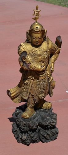 19C Chinese Gilt Lacquer Wood Carved Buddha Temple Guardian Weituo