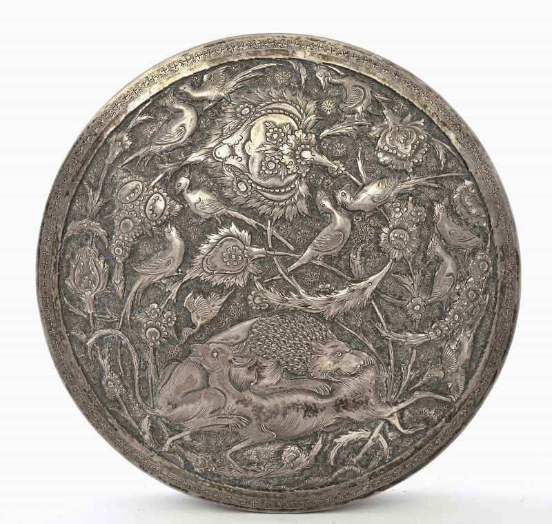Antique Persian Silver Repousse Box Lion Hunt Deer & Bird Marked