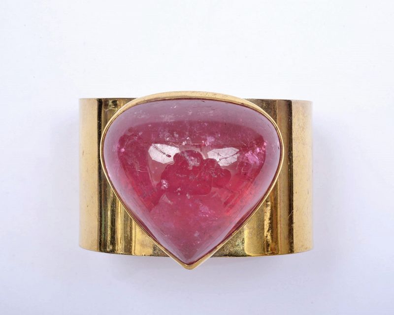 Vintage Gilt Silver Pink Tourmaline Carved Carving Cabochon Bracelet