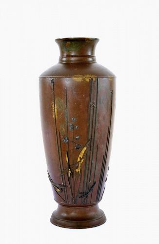 1900's Japanese Bronze Mixed Metal Shakudo Bamboo Plum Vase by Nogawa