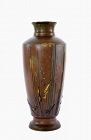 1900's Japanese Bronze Mixed Metal Shakudo Bamboo Plum Vase by Nogawa