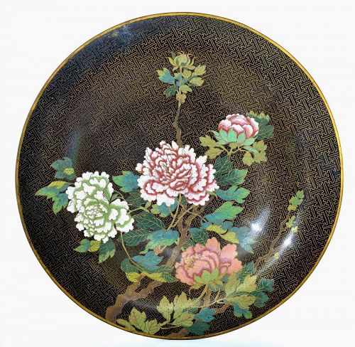 19C Chinese Cloisonne Enamel Plate Charger Peony Flower