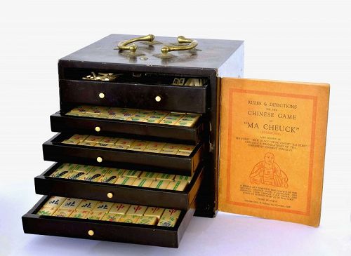 1930's Chinese Mahjong Mah Jong Jongg Game Set 148 Tile Lacquer Box