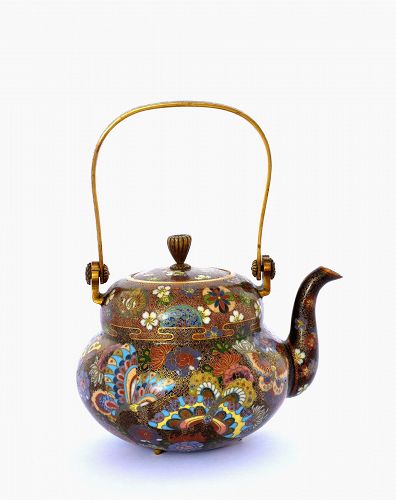 1930's Japanese Gilt Cloisonne Enamel Teapot MilleFleur Butterfly