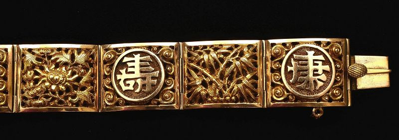 Chinese 18K Solid Gold Bangle Bracelet Flower Calligraphy 51 Gram