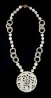 19C Chinese White Jade 14K Gold Carved Pendant Loop Ring Bead Necklace