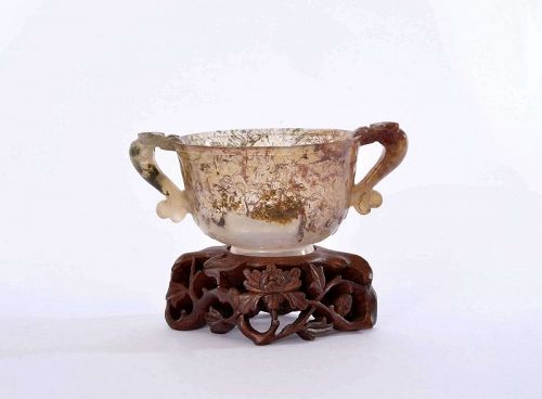 1930's Chinese Moss Agate Carved Carving Libation Cup Wood Stand