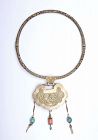 Old Chinese Gilt Silver Lock Necklace Coral & Turquoise Carved Bead Mk