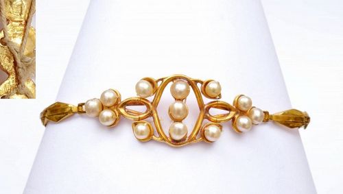 1930's Chinese 18K Gold Pearl Bead Bracelet Bangle Marked