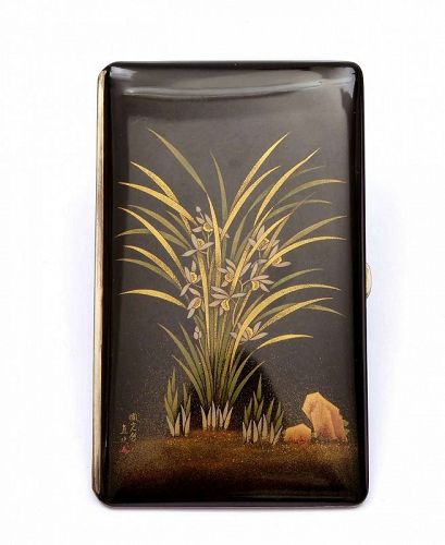 Japanese Namiki Lacquer Cigarette Case Orchid Flower Signed