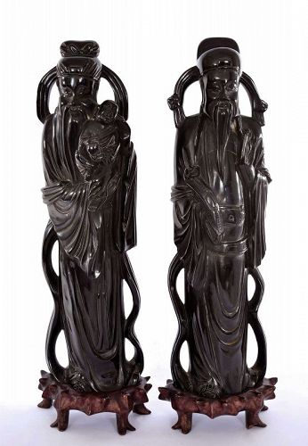 2 Chinese Dark Cherry Amber Bakelite Faturan Carved Fu Lu God  Statue